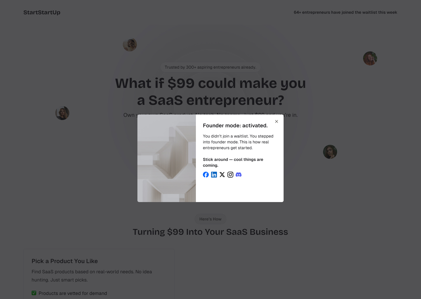 StartStartUp SaaS exit intent popup using identity transformation psychology with founder mode activation message
