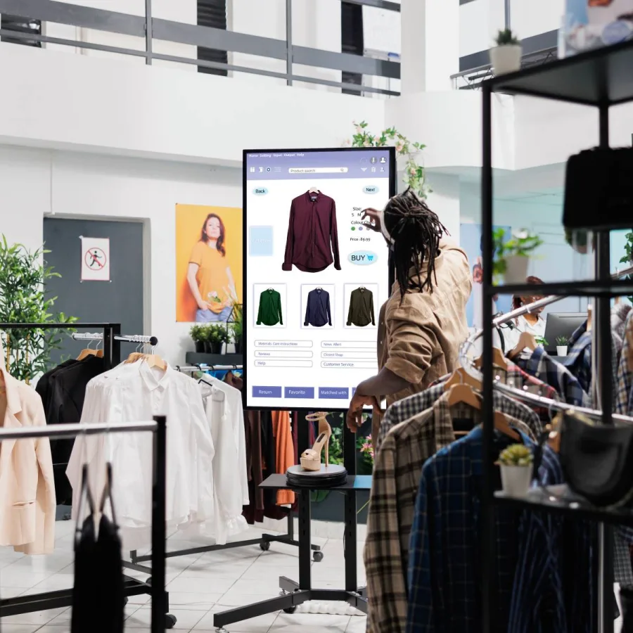 A shopper using a self-service screen in a clothing store