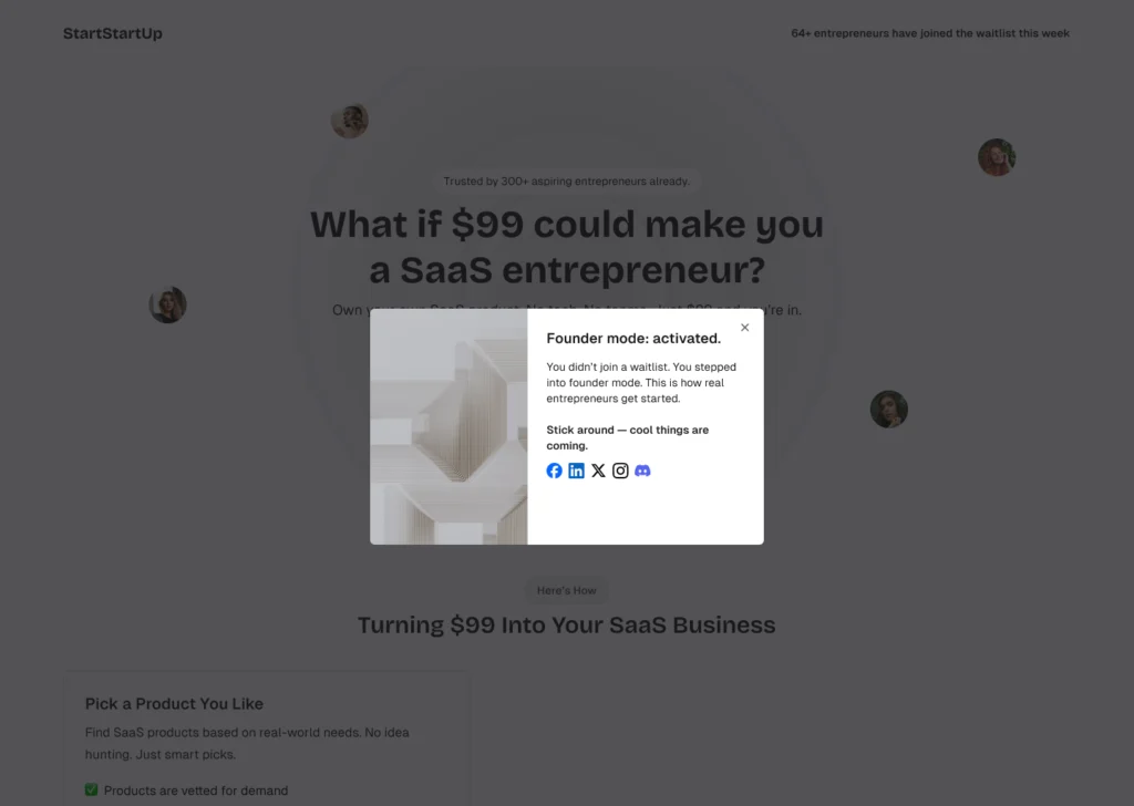 StartStartUp SaaS exit intent popup designed by KlickFlow using identity transformation psychology