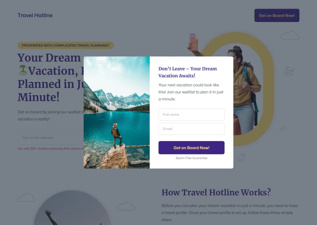 Travel Hotline exit intent popup designed by KlickFlow using visualization psychology for conversion