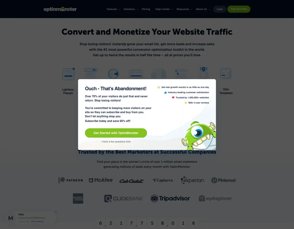 OptinMonster SaaS exit intent popup design with green mascot, customer satisfaction proof, and lead generation value proposition