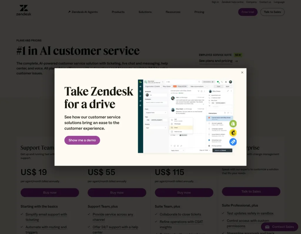 Zendesk SaaS exit intent popup showing product demo offer with customer service dashboard preview for pricing page visitors
