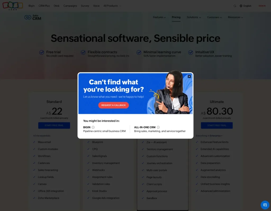 Zoho CRM SaaS exit intent popup with helpful assistance strategy for B2B conversion