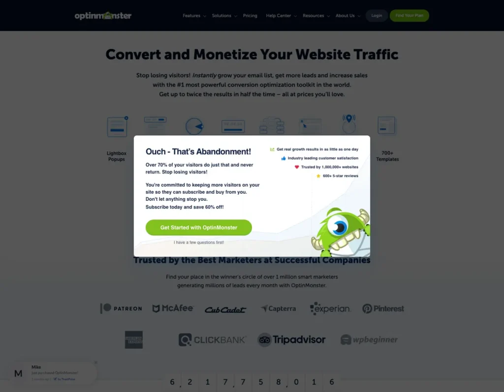 OptinMonster SaaS exit intent popup with problem acknowledgment strategy and discount offer for departing visitors