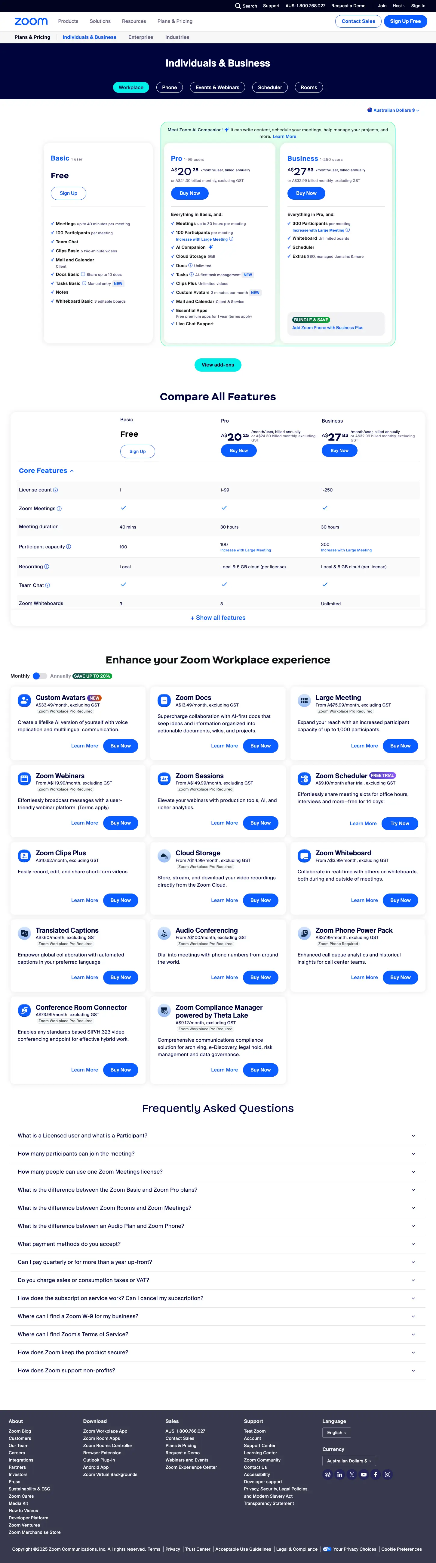 Zoom SaaS pricing page optimization example displaying three-tier structure with Basic free plan, Pro at $20, and Business at $27, featuring Most Popular badge on middle tier and comprehensive feature comparison for higher conversions
